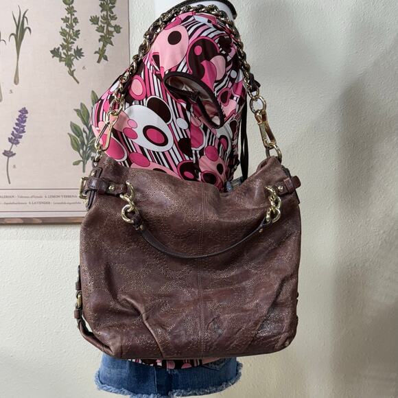 Coach Brown Leather Gold Distressed Hobo Bag Purse McBling Boho Y2k 2000s - Picture 2 of 15